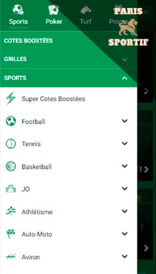 page d'accueil dans l'application mobile du bookmaker