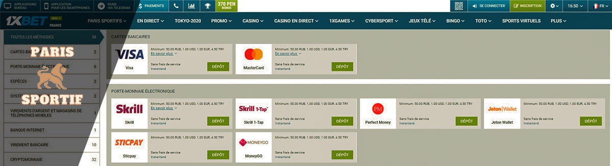 page du site web du bookmaker avec les systèmes de paiement disponibles